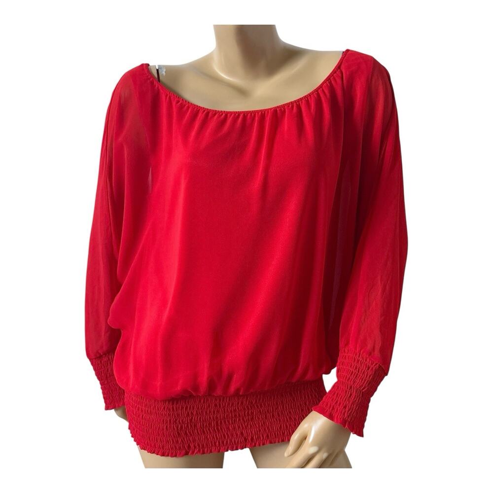 DS By Debbie Shuchat Tunic Womens Medium Red Peasant Blouse Smocked Waist Top